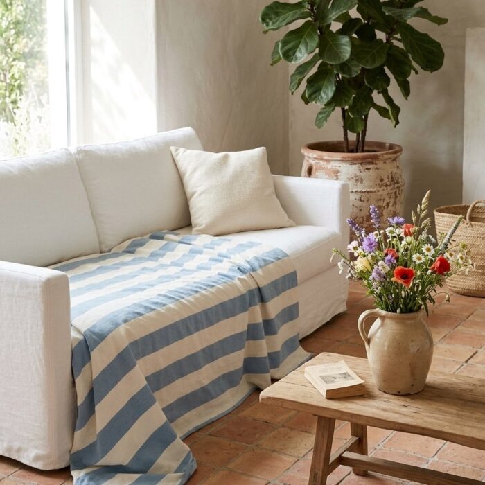 Copriletto in cotone a righe blu marina - Coton Boutique